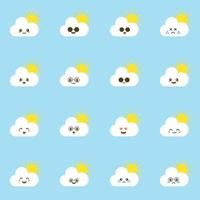 Colorful weather forecast icons. Funny cartoon lightning and clouds. Adorable faces with various emotions. Flat vector for mobile app, emoji, sticker, children book or print. kawaii cloud character