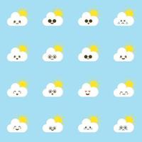 Colorful weather forecast icons. Funny cartoon lightning and clouds. Adorable faces with various emotions. Flat vector for mobile app, emoji, sticker, children book or print. kawaii cloud character