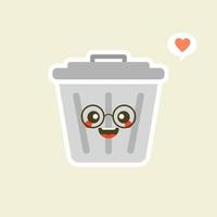 personaje lindo de dibujos animados de papelera de reciclaje en estilo plano kawaii. cubo de basura de hojalata. contenedor de residuos metálicos, papelera funcional. salud y función de la ciudad, embellecimiento de calles y concepto de diseño urbano.