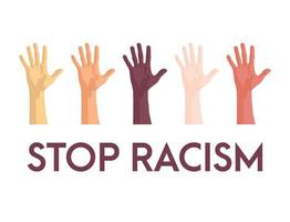 Stop racism icon. Motivational poster against racism and discrimination. Many handprint of different races together. Vector Illustration