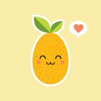 diseño de personajes de dibujos animados. kumquat ovalado con hoja verde. Ilustración de vector plano de fruta linda y kawaii aislada sobre fondo de color