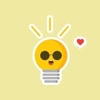 bulb flat design vector illustration. Shining yellow light bulbon color background. Emoji lightbulb with funny emotion. Hand-drawn vector illustration. Creative concept of idea