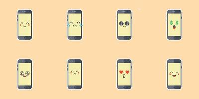 Phone emoji vector gadget character smartphone or tablet with face expression illustration emotional set of digital device cellphone or mobilephone emotion with eyes and smile isolated on background