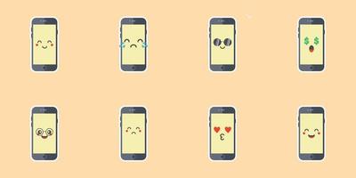 Phone emoji vector gadget character smartphone or tablet with face expression illustration emotional set of digital device cellphone or mobilephone emotion with eyes and smile isolated on background