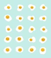 Cute emoji fried eggs icon set, top view, isolated on white background. Flat cartoon kawaii style vector food character. illustration. Omelet with lovely emoticon face on yellow yolk symbol design.