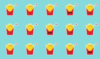 kawaii French fries character emoji set. Funny cartoon emoticons . cartoon style vector illustration on blue background with place for text. Funny laughing character with eyes, heart, and a smile