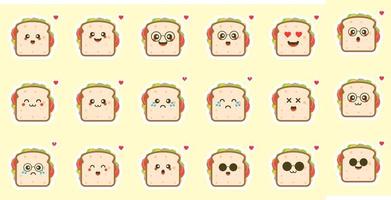 Cute and kawaii sandwich character Set, Food Characters with Funny Faces and Different Emotions Vector Illustration. Can use for logo, breakfast, meal element, restaurant, culinary, resto, bakery,