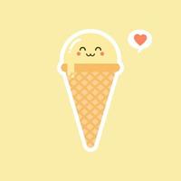 Melting ice cream balls in the waffle cone isolated on color background. Vector flat icon. Comic character in cartoon style illustration