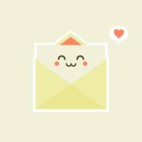 lindo y kawaii sonriente sobre feliz, carta de papel. ilustración de personaje de dibujos animados plano vectorial.aislado sobre fondo blanco. concepto de personaje de sobre. carta de amor para san valentin vector