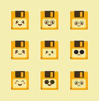lindos disquetes con cara. diseño vectorial aislado en fondo de color. disquete emoji carácter vectorial con ilustración de expresión facial conjunto emocional