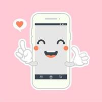 lindo y kawaii smartphone diseño plano, personaje de dibujos animados de teléfono móvil. icono de ilustración de personaje kawaii de dibujos animados de línea plana vectorial. teléfono de llamada, teléfono inteligente con concepto de aplicación de cara de personaje vector