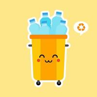 kawaii and cute Recycle Bin Cartoon Mascot Character Full With plastic Garbage . Vector Illustration Isolated On color Background. Reuse recycling and keep clean concept