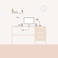 Office desk or table with computer. Business workspace or interior. Workplace in flat style. Vector illustration.