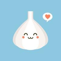 Cute and Kawaii Happy smiling cute garlic. Vector modern flat style cartoon character illustration icon. Isolated on color background. Garlic concept