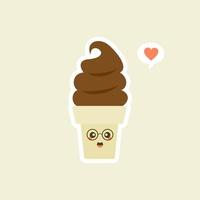 Melting ice cream balls in the waffle cone isolated on color background. Vector flat icon. Comic character in cartoon style illustration