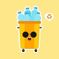 kawaii and cute Recycle Bin Cartoon Mascot Character Full With plastic Garbage . Vector Illustration Isolated On color Background. Reuse recycling and keep clean concept