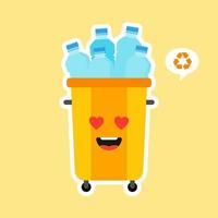 kawaii and cute Recycle Bin Cartoon Mascot Character Full With plastic Garbage . Vector Illustration Isolated On color Background. Reuse recycling and keep clean concept