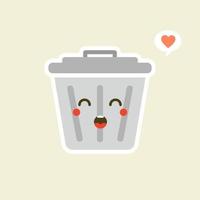 personaje lindo de dibujos animados de papelera de reciclaje en estilo plano kawaii. cubo de basura de hojalata. contenedor de residuos metálicos, papelera funcional. salud y función de la ciudad, embellecimiento de calles y concepto de diseño urbano. vector