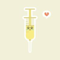 jeringa linda y kawaii. diseño de icono de ilustración de personaje de dibujos animados plano vectorial. jeringa, concepto de vacuna médica. puede usarse para poster, elemento, mascota, emoji, emoticono para virus, corona virus covid-19 vector