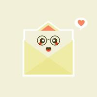 lindo y kawaii sonriente sobre feliz, carta de papel. ilustración de personaje de dibujos animados plano vectorial.aislado sobre fondo blanco. concepto de personaje de sobre. carta de amor para san valentin vector