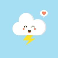 Colorful weather forecast icons. Funny cartoon sun and clouds. Adorable faces with various emotions. Flat vector for mobile app, social network sticker, children book or print. Cloud with lightning