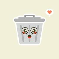 personaje lindo de dibujos animados de papelera de reciclaje en estilo plano kawaii. cubo de basura de hojalata. contenedor de residuos metálicos, papelera funcional. salud y función de la ciudad, embellecimiento de calles y concepto de diseño urbano. vector