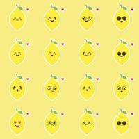 Set of cute and funny lemon characters with different facial expressions. Cartoon vector illustration isolated on white background. Set of kawaii lemon characters, mascots, emoticons.