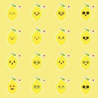 Set of cute and funny lemon characters with different facial expressions. Cartoon vector illustration isolated on white background. Set of kawaii lemon characters, mascots, emoticons.