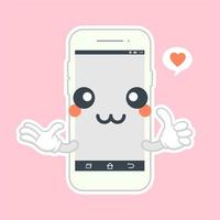 lindo y kawaii smartphone diseño plano, personaje de dibujos animados de teléfono móvil. icono de ilustración de personaje kawaii de dibujos animados de línea plana vectorial. teléfono de llamada, teléfono inteligente con concepto de aplicación de cara de personaje vector