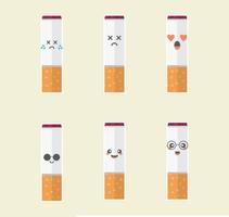 conjunto de íconos de personajes de cigarrillos en diferentes expresiones. diseño plano. avatares, tarjetas, pegatinas, sitios, afiches. ilustración vectorial diseño para la salud, no fumar, riesgo, cáncer, hospital, atención médica vector