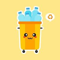kawaii and cute Recycle Bin Cartoon Mascot Character Full With plastic Garbage . Vector Illustration Isolated On color Background. Reuse recycling and keep clean concept
