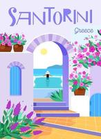 Santorini island, Greece. Beautiful traditional white architecture and Greek Orthodox churches with blue domes and flowers. Swimming pool with a girl Travel, vacation. Vector illustration