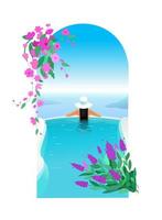 Girl in a hat in the pool. Summer rest. Resort and spa in Greece, Santorini. Relaxation, vacation. Vector illustration