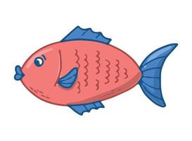 cute hand drawn red fish with blue tail isolated on white background. Good for nursery prints, posters, cards, stickers, kids apparel decor, sublimation, etc. Sea life doodle, clipart. EPS 10 vector