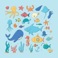 set of sea life doodles and elements. Good for stickers, prints, cards, scrapbooking, sublimation, clipart, cards, etc. EPS 10 vector