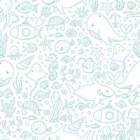 Seamless pattern sea life doodles and elements on white backgrouhd. Good for wrapping paper, textile prints, scrapbooking, packaging, stationary, wallpaper, backgrounds, etc. EPS 10 vector