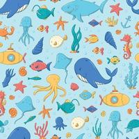 Patrón transparente de océano y mar decorado con garabatos, dibujos animados y elementos kawaii. estampado textil para niños, papel para envolver, fondo, scrapbooking, papelería, etc. eps 10 vector
