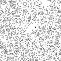 monochrome seamless pattern decorated with sea doodles, elements. Good for prints, posters, cards, wrapping paper, coloring pages, scrapbooking, textile, wallpaper, etc. EPS 10 vector