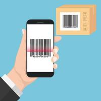 Flash Design with long shadow Hand Holding the smart phone with  Bar code  on screen. The concept is Bar code Scan on Smart Phone ,vector design Element illustration vector