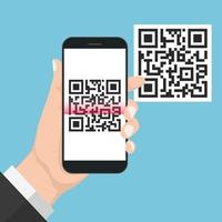 diseño flash con mano de sombra larga sosteniendo el teléfono inteligente con código qr en pantalla. el concepto es escaneo de código qr en un teléfono inteligente, ilustración de elemento de diseño vectorial vector