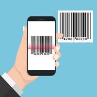 Flash Design with long shadow Hand Holding the smart phone with  Bar code  on screen. The concept is Bar code Scan on Smart Phone ,vector design Element illustration vector