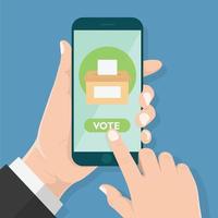 Flat design style human hand  holding smartphone or tablet  with Vote app in the screen , vector design element illustration