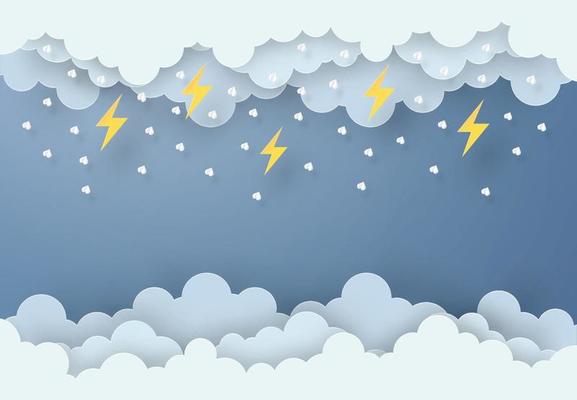 Paper art design style the concept is rainy season, Cloud and rain on dark background , vector design element illustration