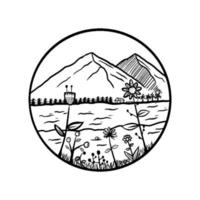 View of the flowers by the river with mountains background. Hand drawn doodle illustration vector