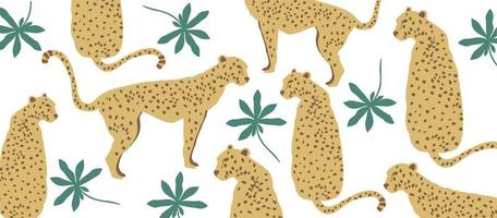Trendy and modern wildlife pattern with leopards. Leopards and leaves isolated vector illustration design