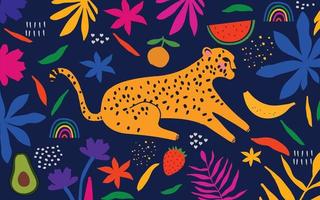 colorida colección de garabatos de formas botánicas. lindas formas de hojas tropicales con leopardo, recortes de garabatos infantiles al azar, ramas, flores, helechos, elementos decorativos de la ilustración de vectores naturales