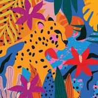 lindo y juguetón afiche moderno de vida silvestre con cabeza de leopardo en hojas y flores ilustración vectorial. impresión de arte tropical, fondo de vida silvestre exótica vector