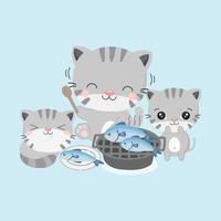 Cat and baby eating grilled fishes. Happy family concept.