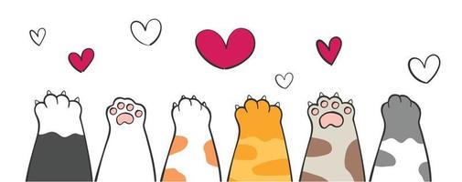 cute greeting card banner animal, group of differnet cut kitty cat paw legs hand with heart cartoon doodle vector banner