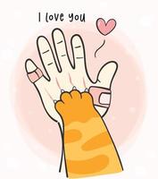 cute greeting card animal, cute kitty cat paw hi five on human hand cartoon doodle vector